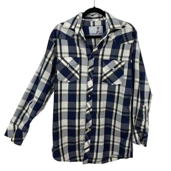 Flying Hoss Pearl Snap Shirt Men size Medium Plaid Long Sleeve Western Ranch - Picture 1 of 11